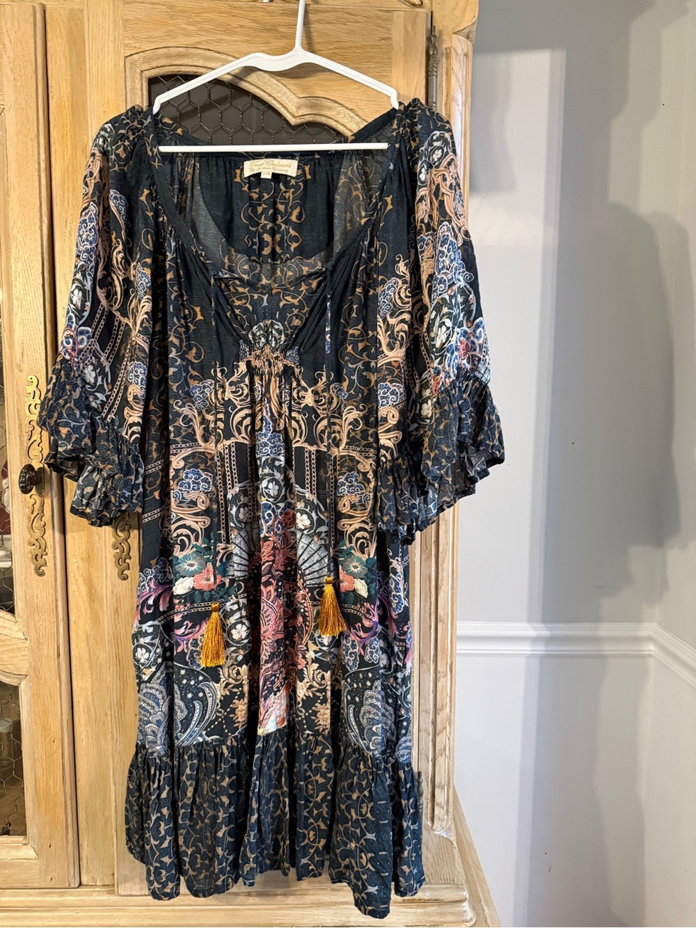 Bohemian Black Floral Paisley Midi Dress with Tassels